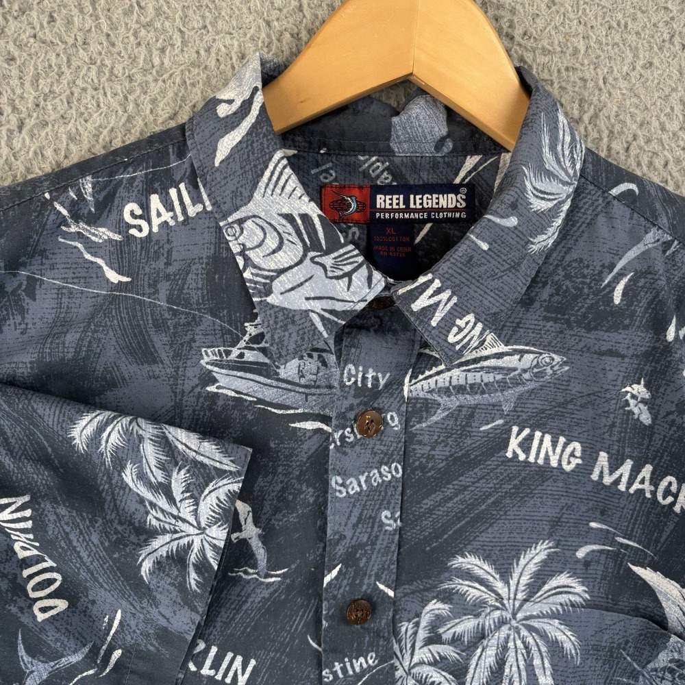 Reel Legends Shirt Mens XL Navy Fish Florida All Over Print Hawaiian Cotton